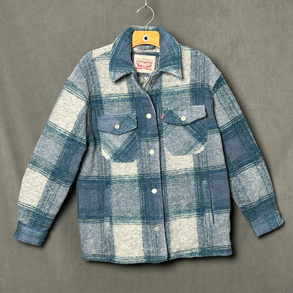 Levis Plaid Lined Shirt Jacket Mens Small Blue Gray Insulated Shacket Flannel - Picture 1 of 6